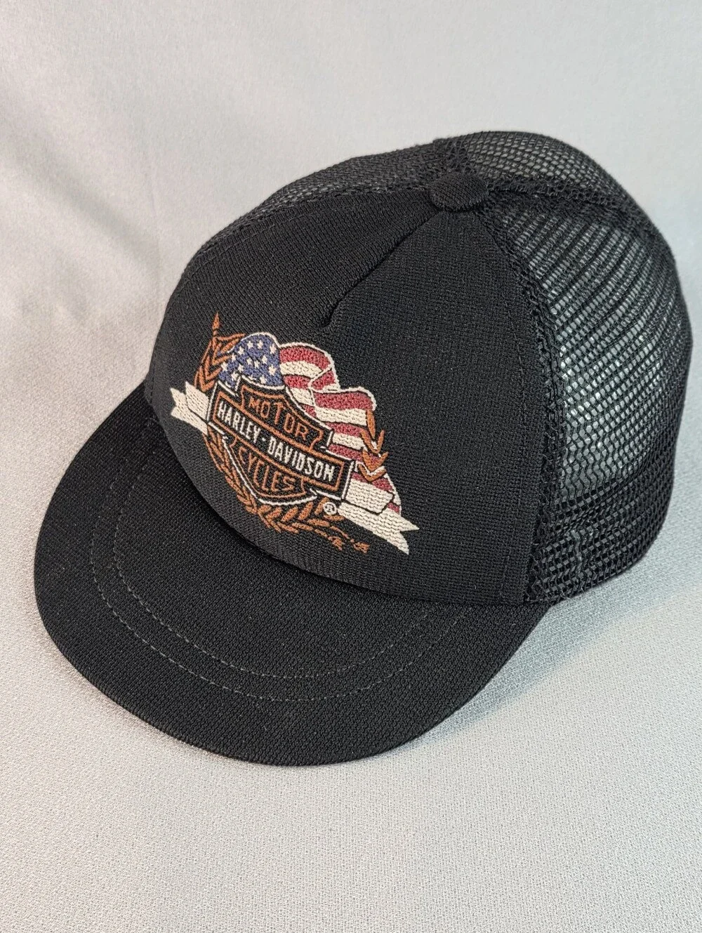Harley-Davidson Infant Baby Tiny Black Trucker Snap Back Hat with American Flag
